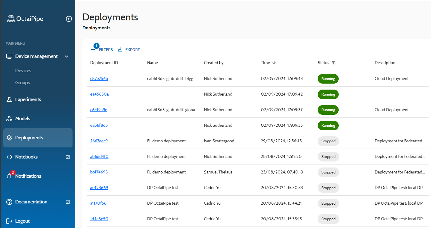 Portal deployments page